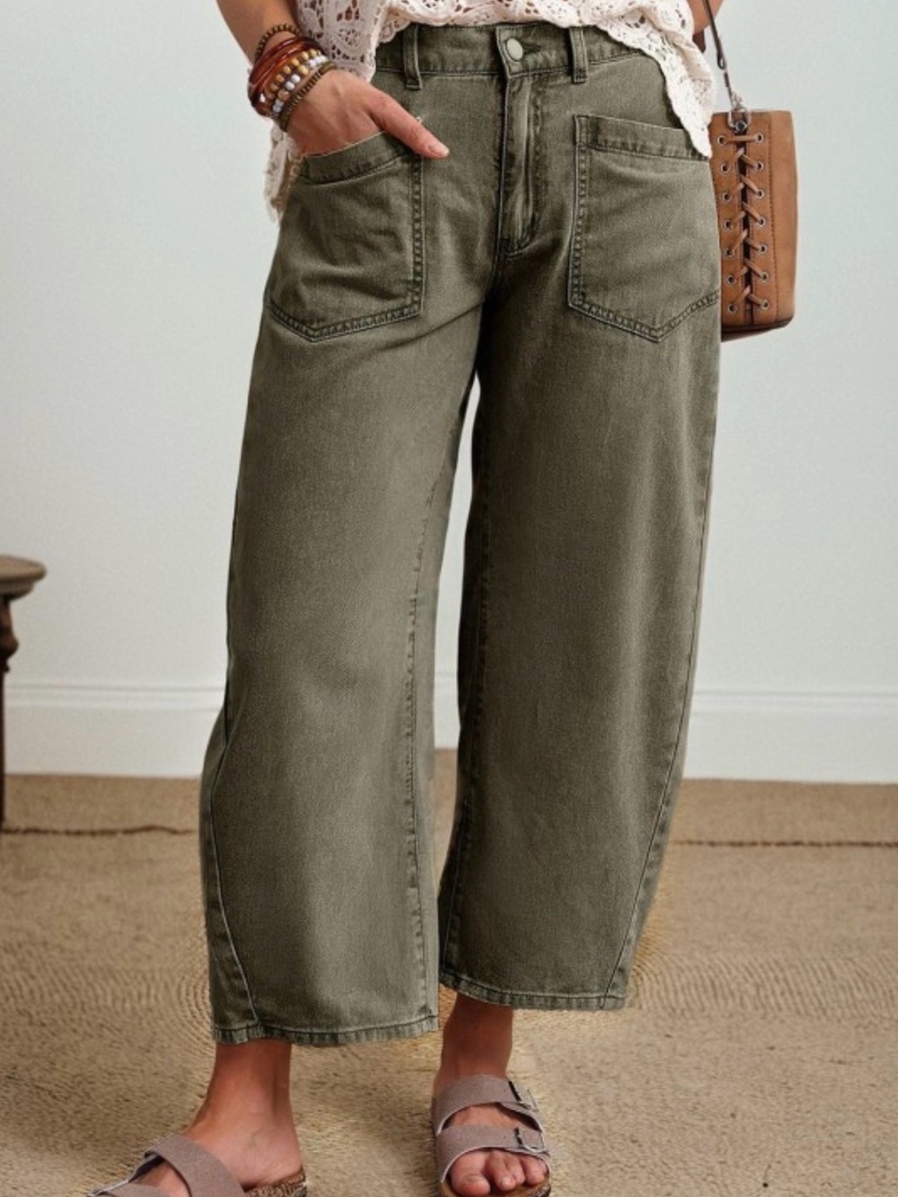 Relaxed Barrel Jeans - Olive Green